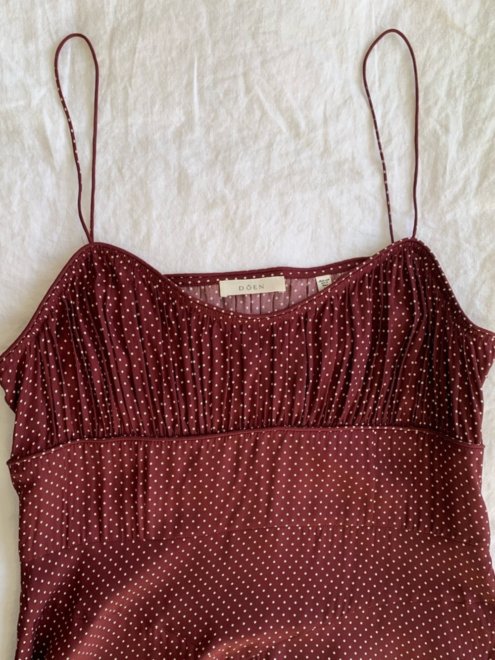 Doen Rosaria Silk Ruffle Ruched Midi Maxi Dress Burgundy Colette Dot Polka - Picture 6 of 10